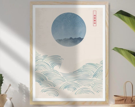 Blue Ocean Waves And A Moon Japanese Wave Painting Woodblock Print Artwork Inspired By The Great Off Kanagawa
