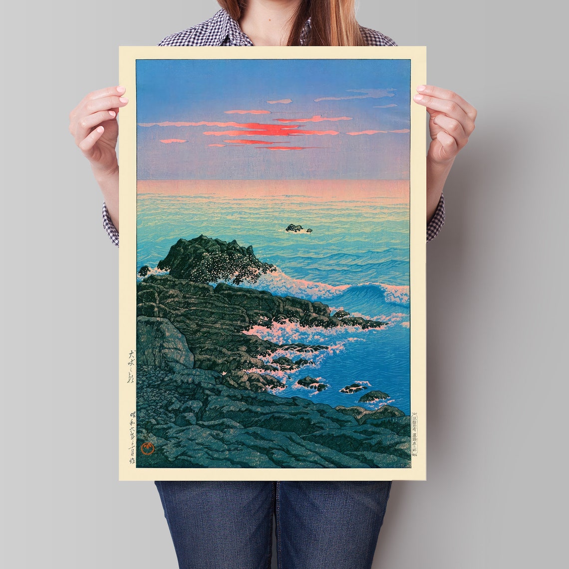 Japanese Rocky Coast Sunrise Waves Woodblock Style Ocean Poster - Image 4