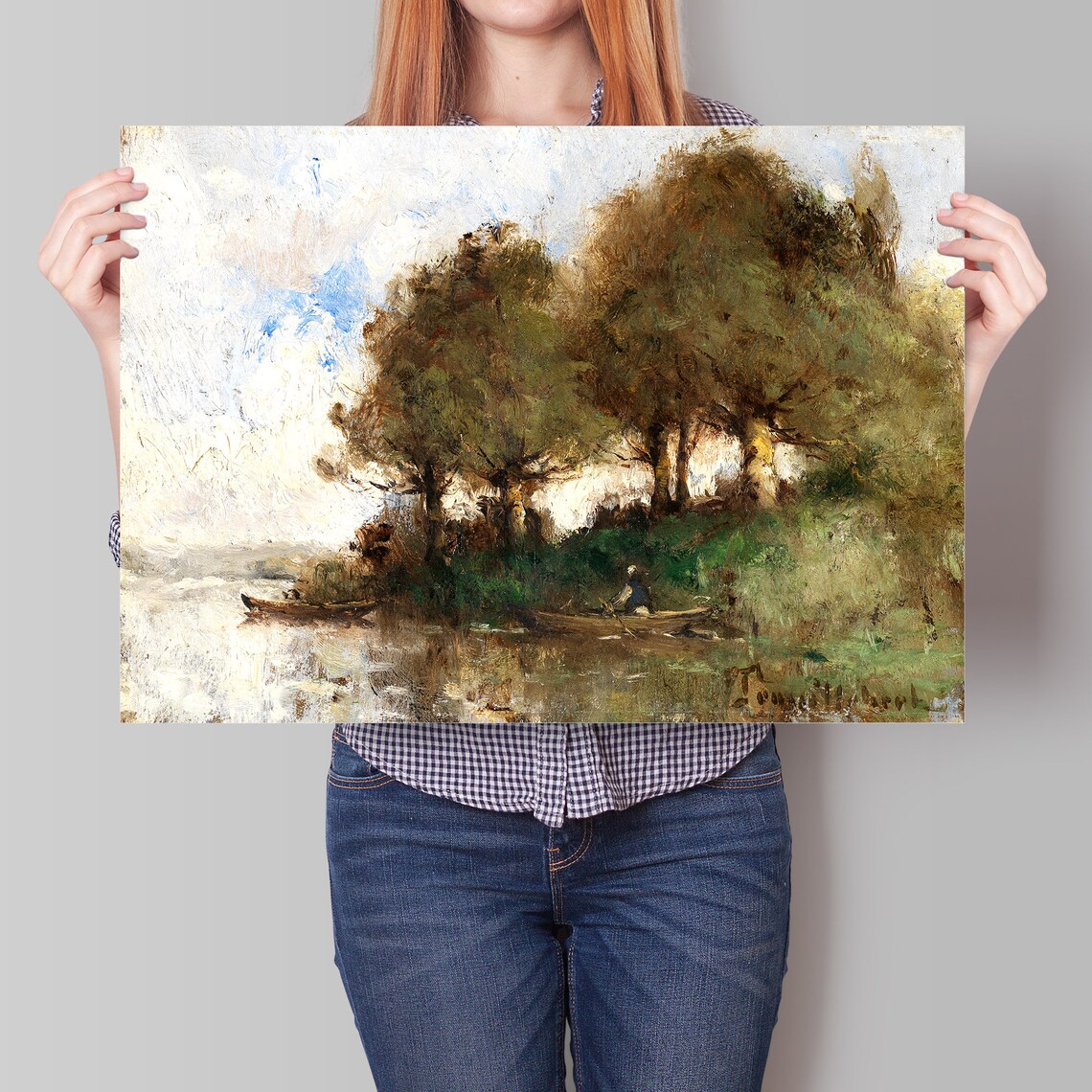 Vintage Oil Painting Sunlit River Boats Under Dark Trees Art Poster - Image 4