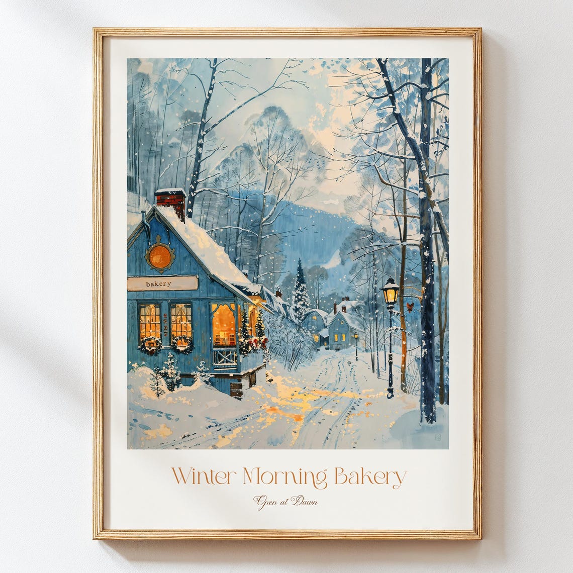 Winter Morning Bakery Print Snowy Village Watercolor Open at Dawn Art
