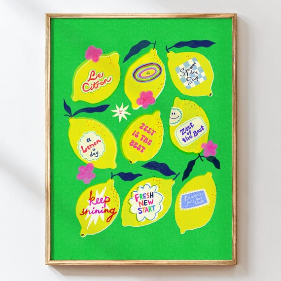 Lemon Wall Art Print Funny Positive Kitchen Poster Zesty Citrus Quote Decor Retro Fruit Illustration