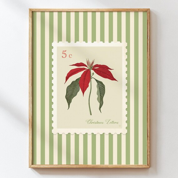 Vintage Poinsettia Christmas Stamp Art Print Botanical Holiday Wall Decor
