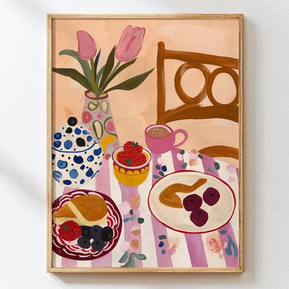 Cozy Breakfast Still Life Art Print Colorful Kitchen Illustration Modern Food Wall Instant