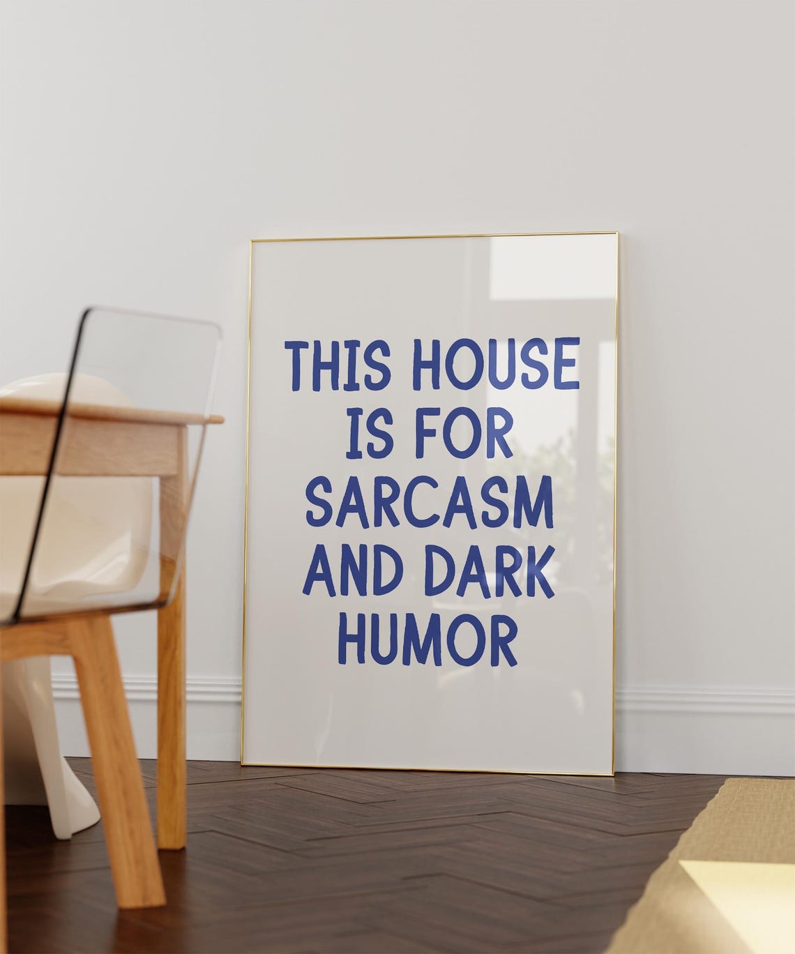 This House Is For Sarcasm And Dark Humor Blue Typography Poster - Image 2