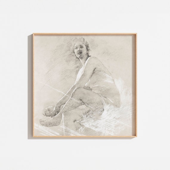 Vintage Minimalist Sketch Of Woman Antique Nude Sketch Drawing Wall Art Bathroom Wall Art Black And White Drawing