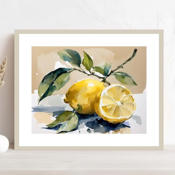 Fresh Lemon Branch Watercolor Still Life Kitchen Wall Decor Poster
