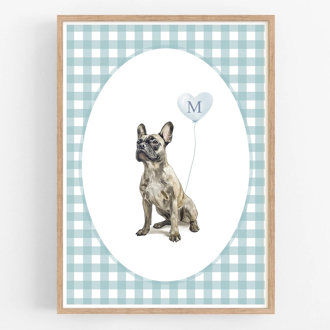 French Bulldog with Heart Balloon Initial Custom Pet Portrait Poster