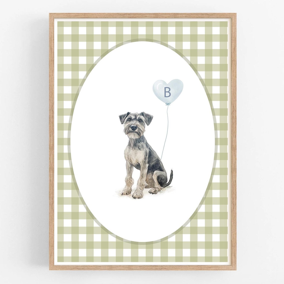 Schnauzer with Blue Heart Balloon Initial Custom Pet Portrait Poster