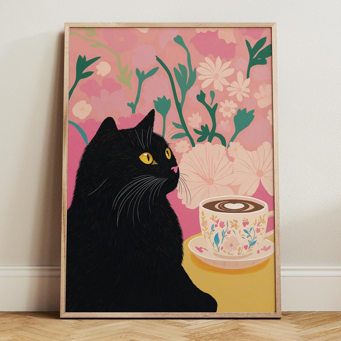Black Cat Beside A Coffee Cup On A Pink Floral Background Poster