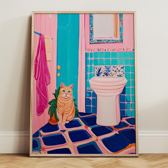 Orange Tabby Cat Beside a Pink Sink in a Bold Bathroom Poster