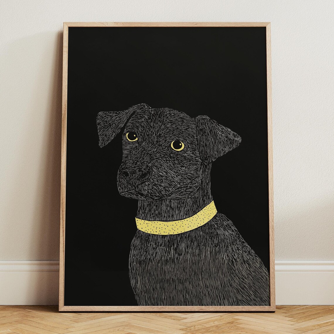 Black Dog Portrait With Golden Eyes And Yellow Collar On Dark Poster