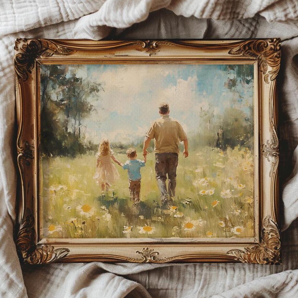 Father and His Two Children Walking Through a Daisy Meadow Poster