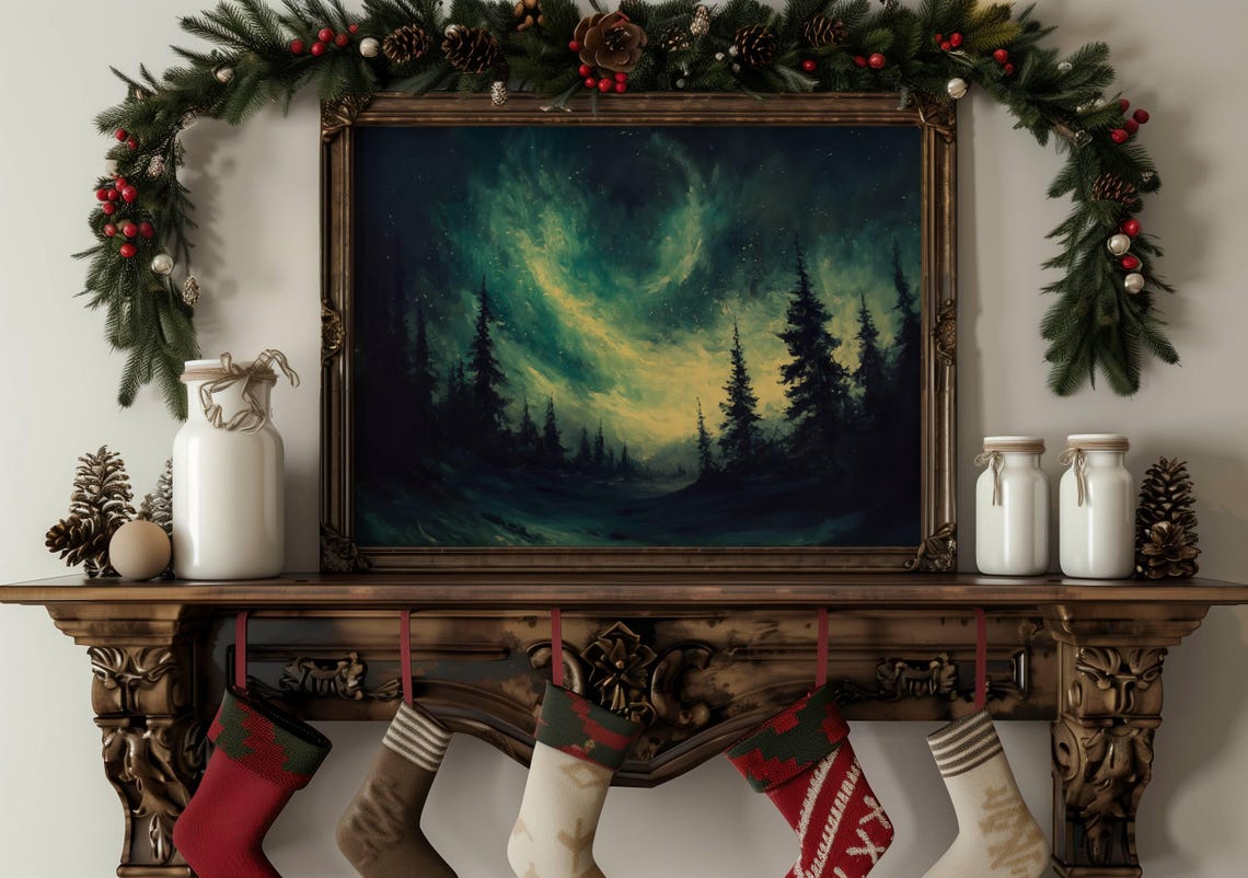 Antique Oil Painting Northern Lights Pine Trees Regarts - Image 5
