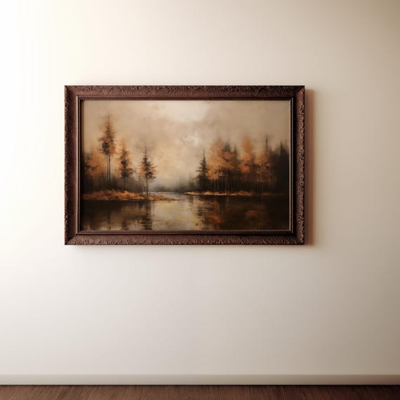 Rustic Fall Lake Landscape Painting Earthy And Moody Autumn Art Regarts
