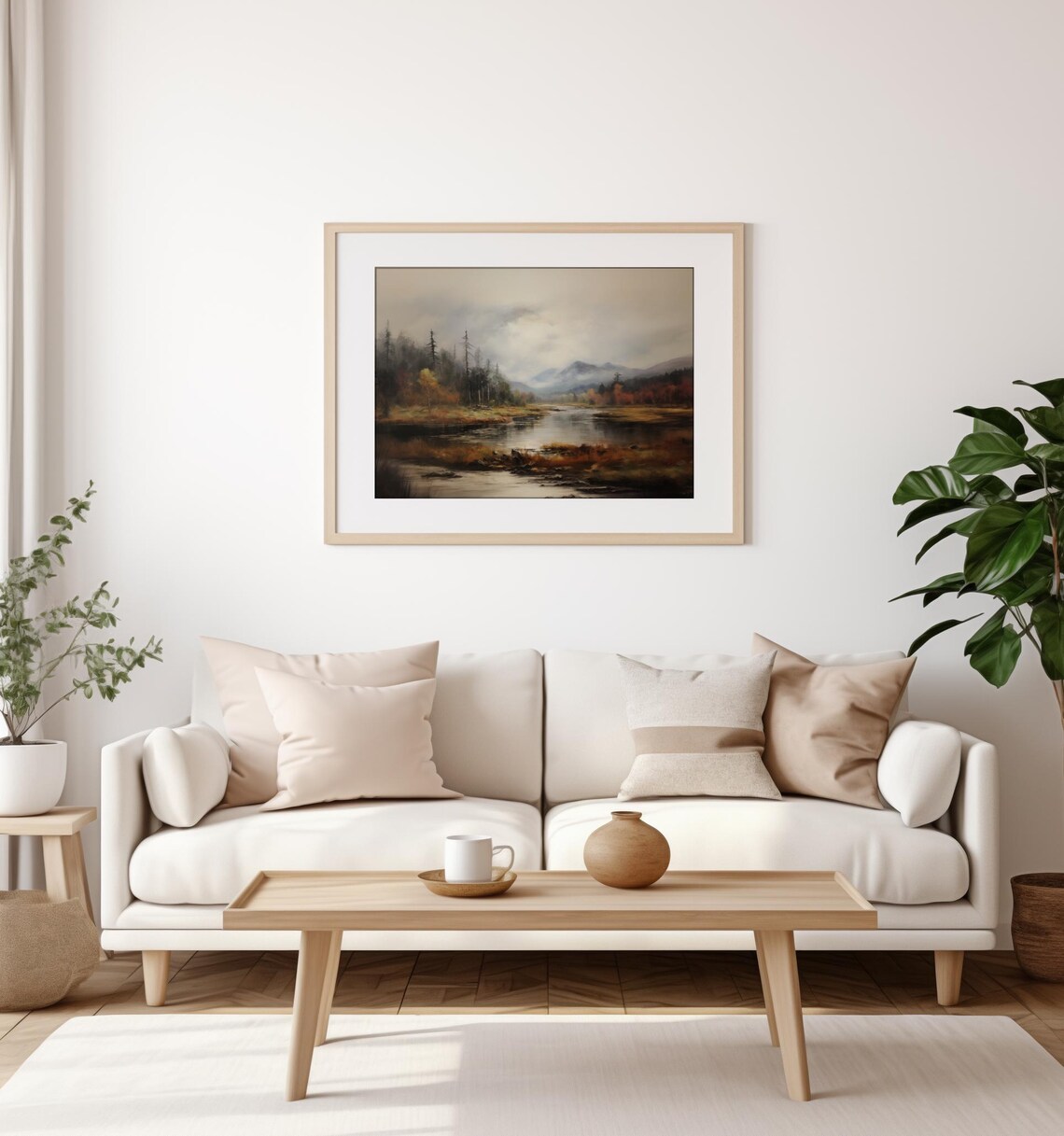 Moody Autumn Lake Painting Pines And Mountains Misty Scene Poster - Image 4