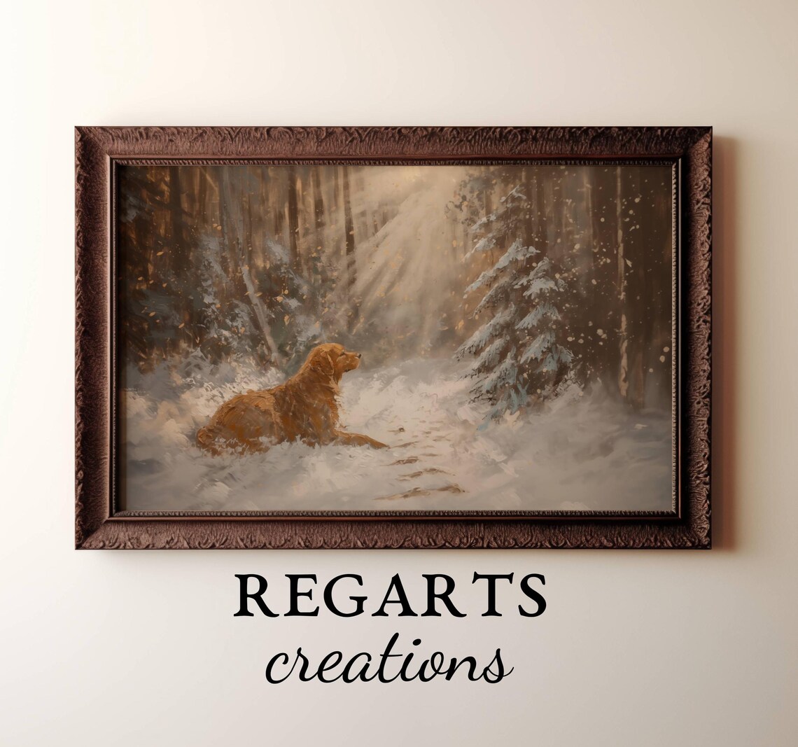 Golden Retriever Painting Dog In Snowy Forest Sunlight Art Print - Image 2