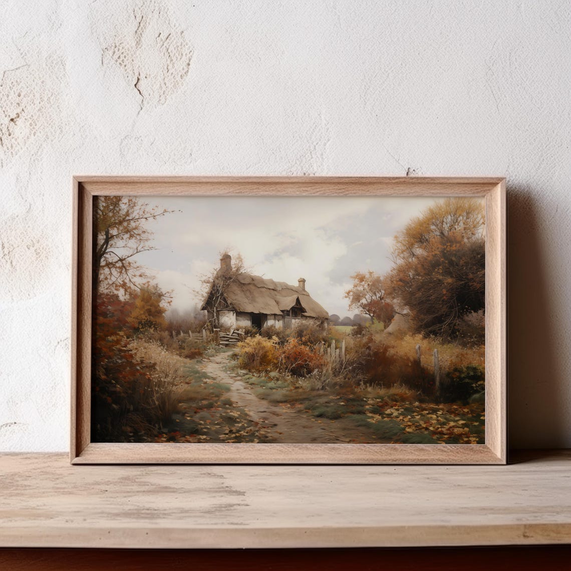 English Thatched Cottage Painting Autumn Foliage Country Path Poster - Image 2