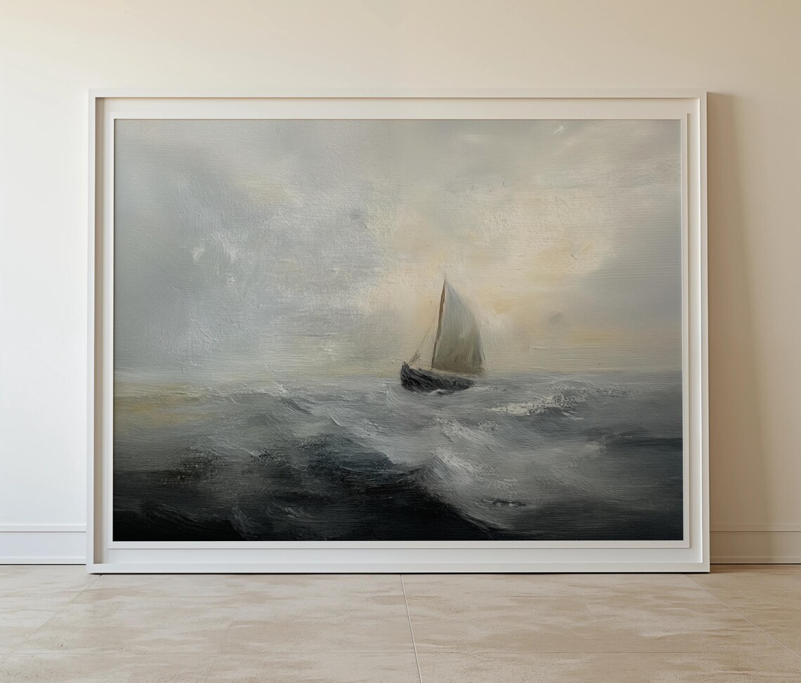 Moody Ocean Sailboat Seascape Vintage Grey Waves Painting Poster - Image 6