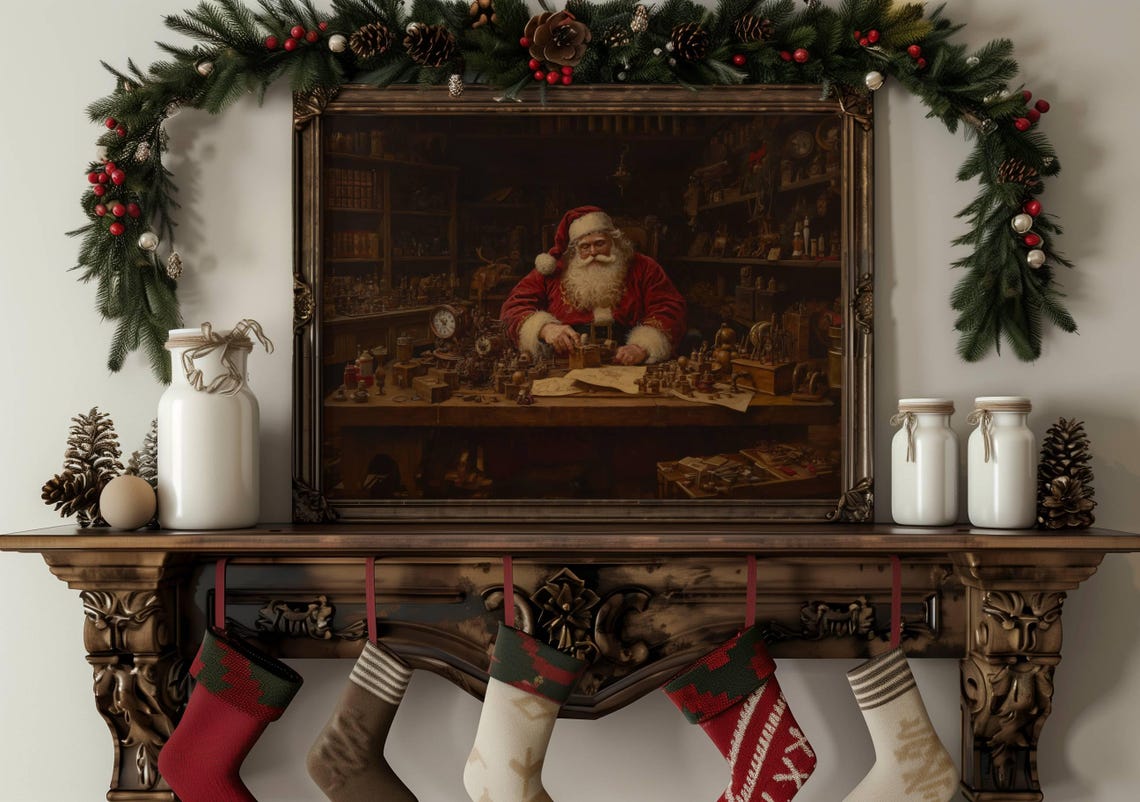 Santa Claus In His Workshop Vintage Style Antique Christmas Poster