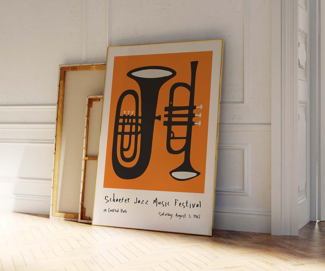 Schaefer Jazz Music Festival 1967 Trumpet Orange Retro Poster - Image 2