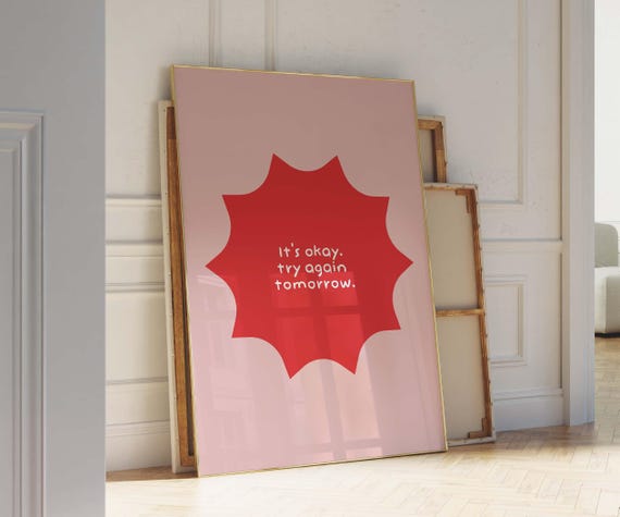 Pink Inspirational Poster Red Pink Wall Art Try Again Tomorrow Saying Joyful Preppy Room Decor Pink Red Poster Print Handdrawn Art