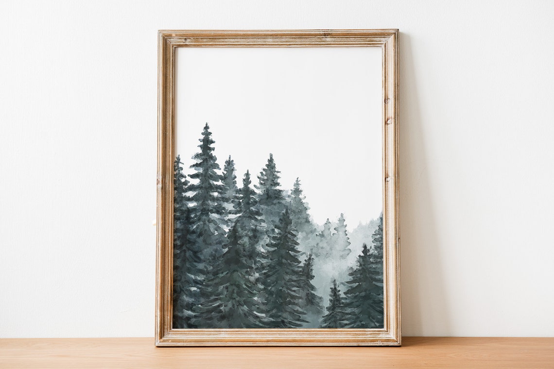Misty Pine Forest Watercolor Evergreen Trees Foggy Nature Wall Art - Image 3