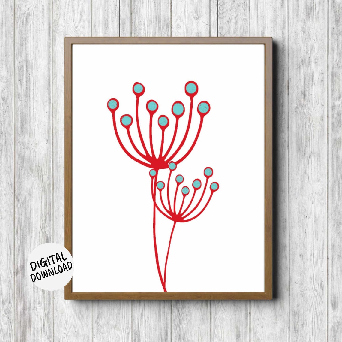 Red Turquoise Abstract Dandelion Style Bloom Modern Art Poster