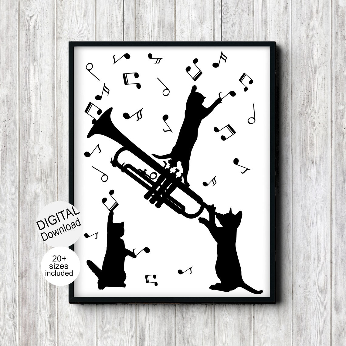 Cats Playing Trumpet Black Silhouette Music Notes Funny Wall Art