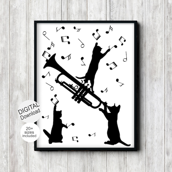 Cats Playing Trumpet Black Silhouette Music Notes Funny Wall Art