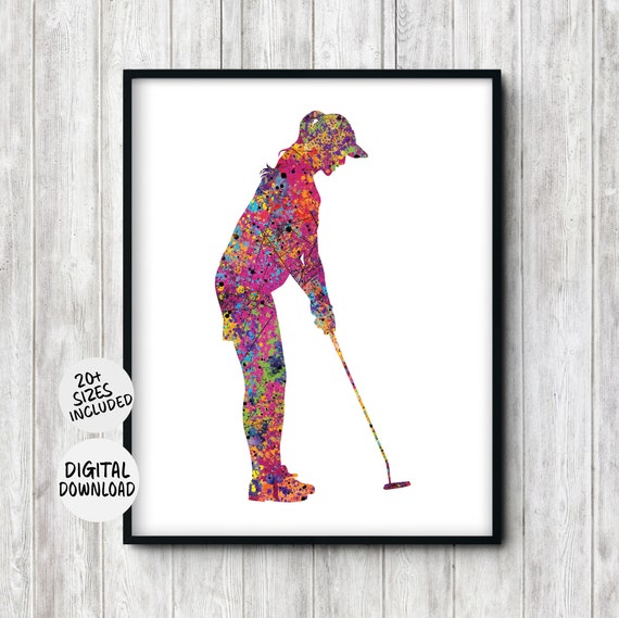 Woman Golf Player Silhouette Wall Art Watercolor Golf Office Teen Room Wall Decor Gift For Girl Golfer Putting Poster
