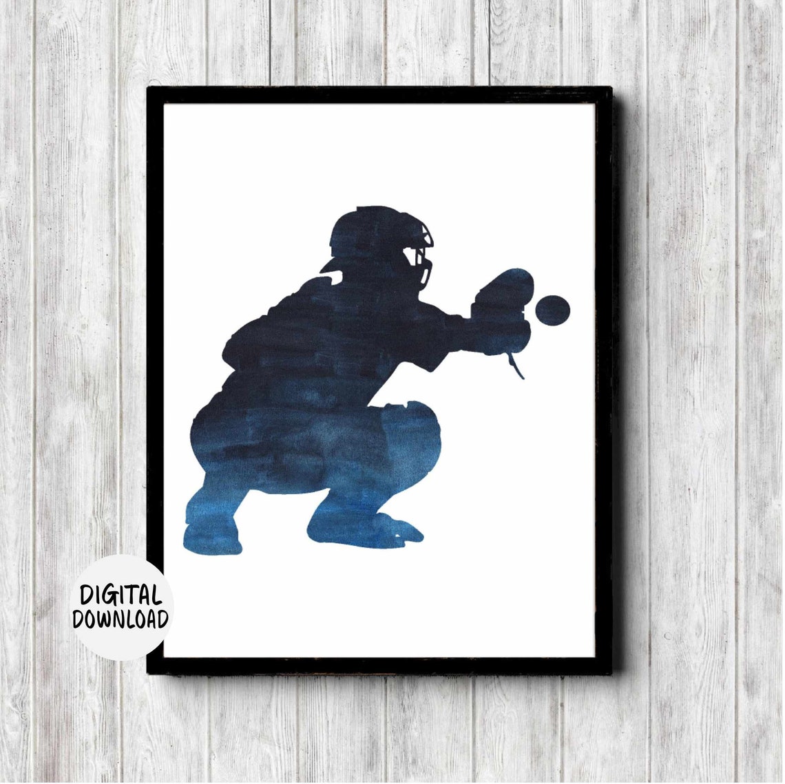 Baseball Catcher Silhouette Navy Watercolor Sports Art Poster