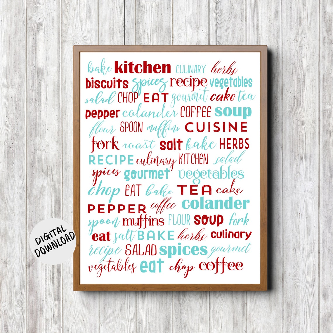 Kitchen Word Cloud Culinary Typography Red Teal Subway Art Poster