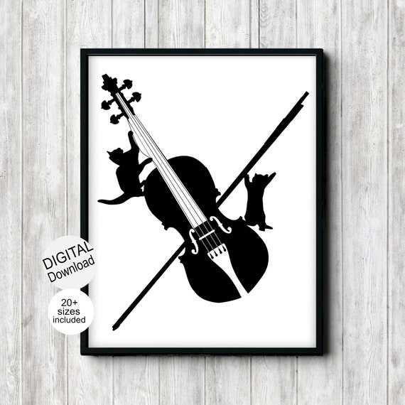 Music Studio Cats Playing Violin, Quirky Art Print