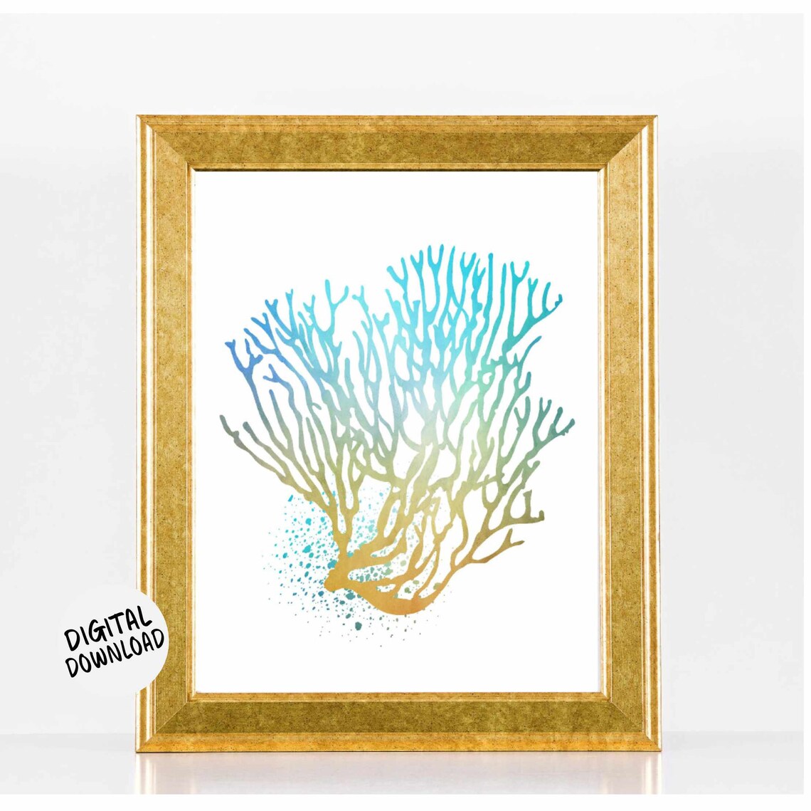 Turquoise Blue Watercolor Sea Coral Fan Art Coastal Decor Poster