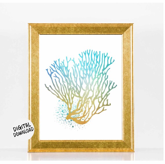 Sea Coral Nursery Bathroom Office Wall Art Turquoise Mustard Yellow Decor Beach Theme Print Sealife Art