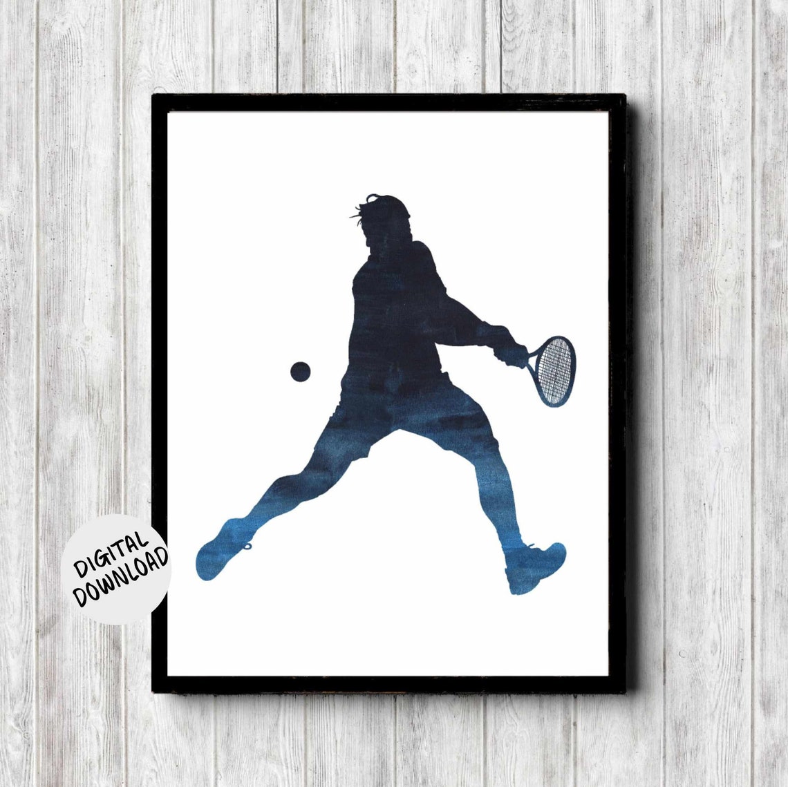 Mens Tennis Poster Sports Gift For Him Teen Boy Boyfriend Watercolor Tennis Player Silhouette Wall Art Dark Blue