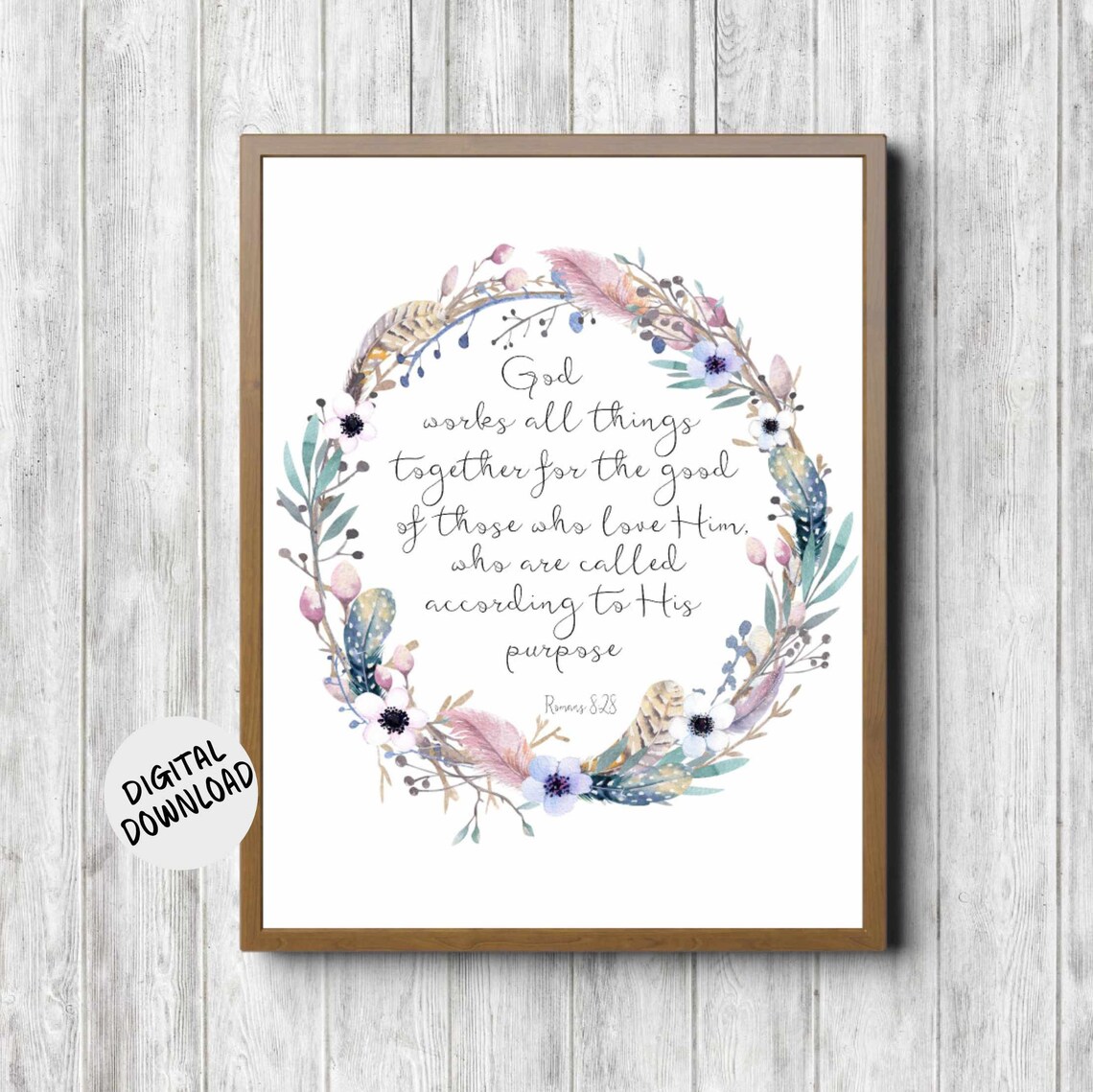 Romans 8:28 Watercolor Wreath Christian Art Print
