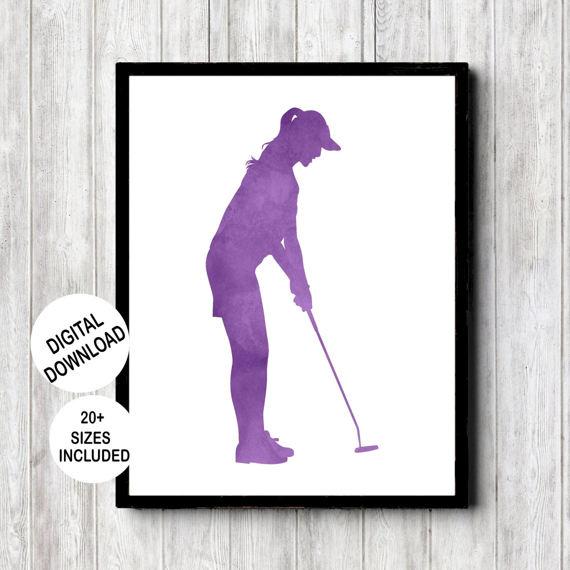 Female Golfer Putting Pose Purple Watercolor Golf Player Poster