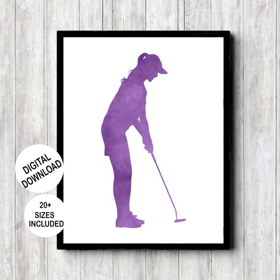 Womens Golf Poster Decor Female Golfer Putting Silhouette Wall Art Golf Gifts For Women Purple Watercolor Golf Girl