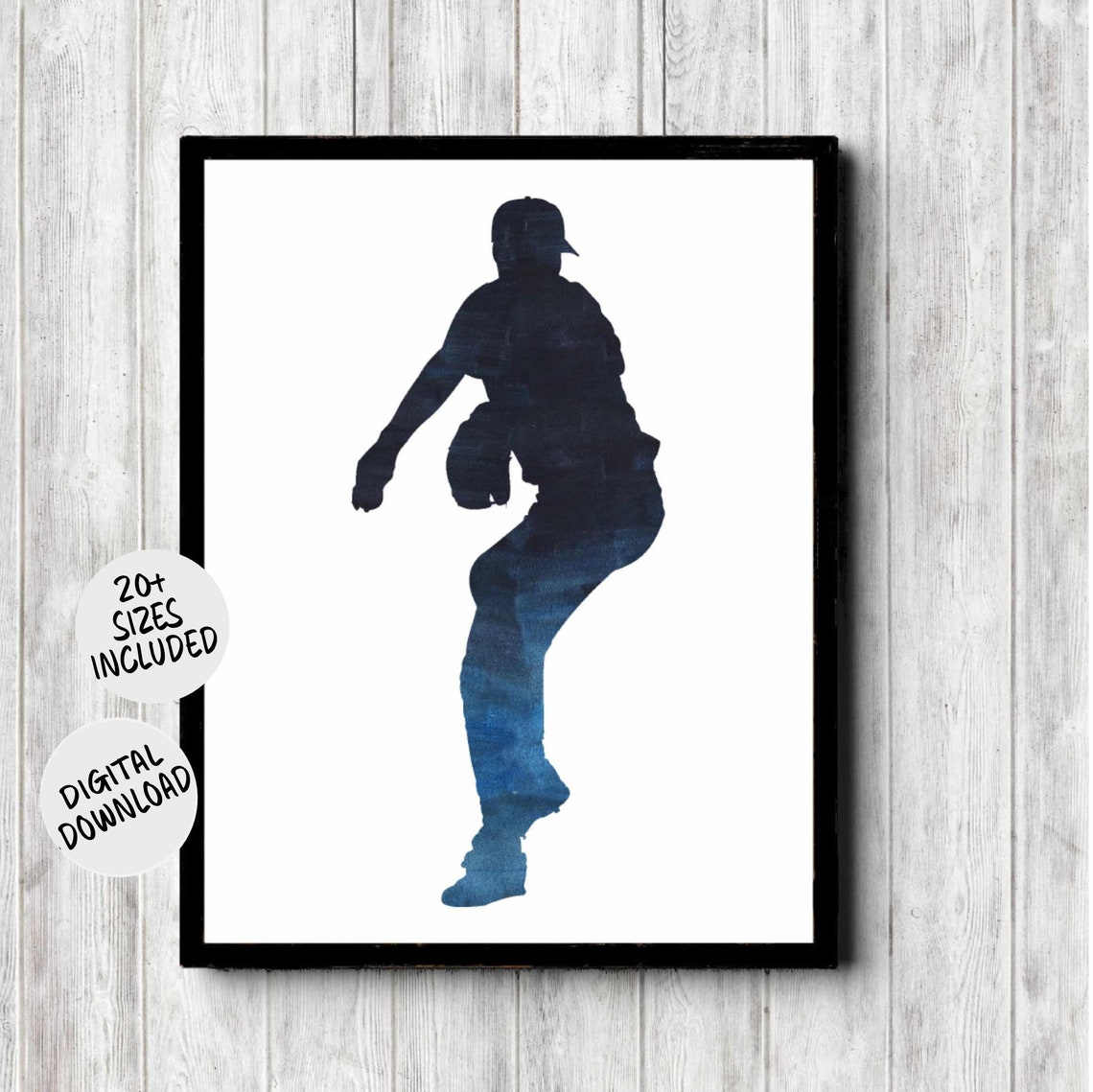 Baseball Pitcher Silhouette Navy Watercolor Sports Art Poster