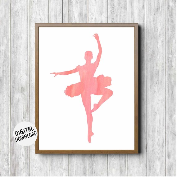 Ballet Dancer Coral Nursery Girls Room Decor Watercolor Ballerina Silhouette Wall Art
