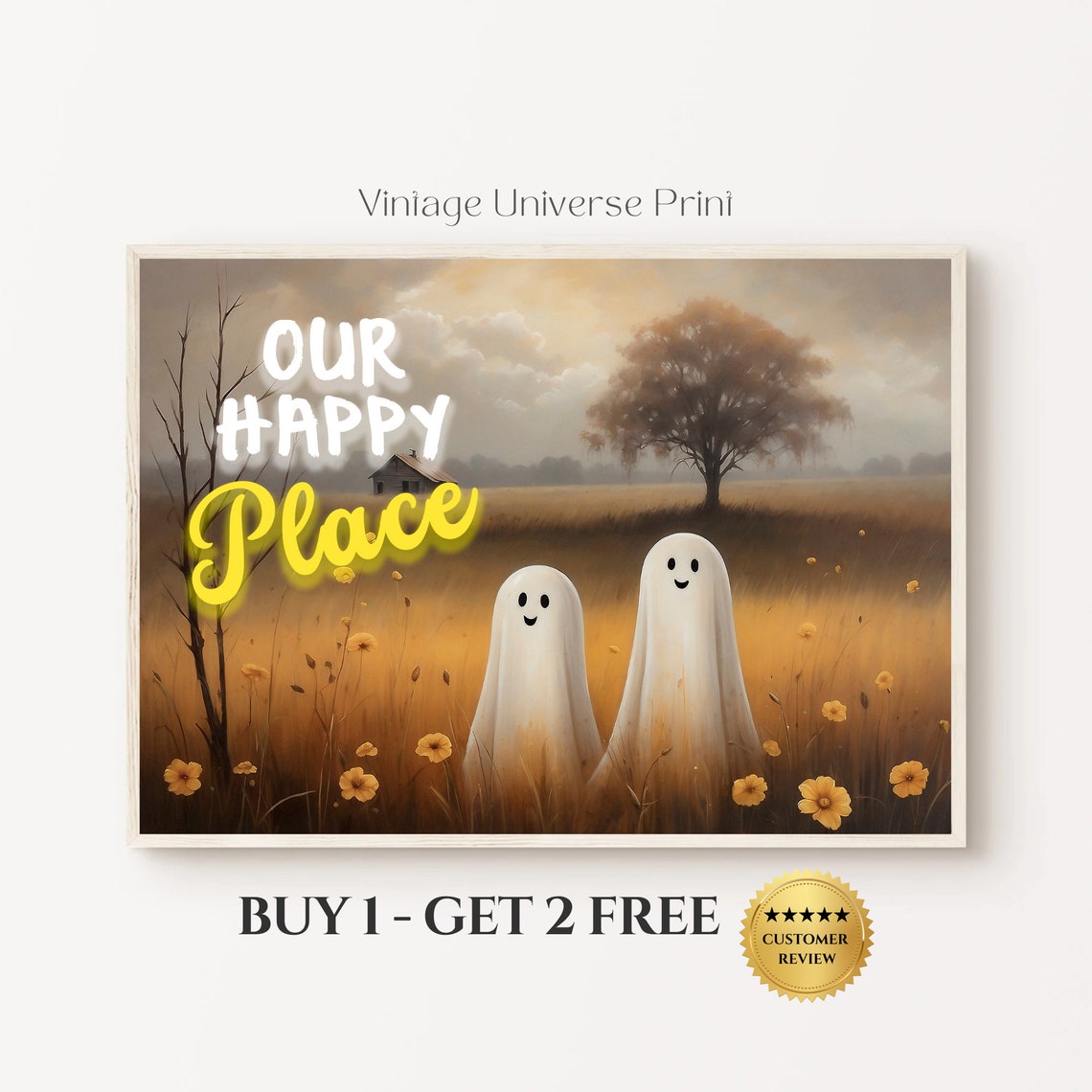 Two Ghosts Our Happy Place Golden Meadow Smiling Halloween Poster