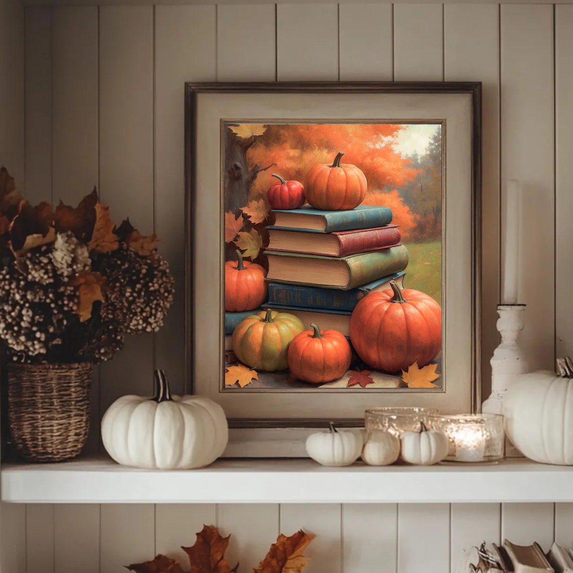 Stack Of Books With Pumpkins Cozy Autumn Fall Reading Painting Poster - Image 3
