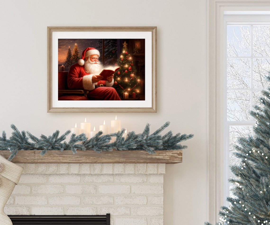 Vintage Painting Of Santa Claus Reading A Book Under Christmas Tree Cozy Christmas Wall Art Winter Holiday Print Holiday Season - Image 2