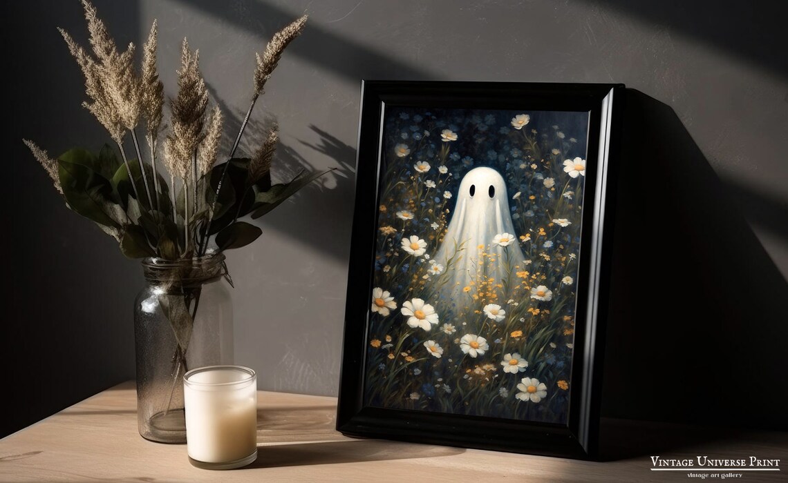Cute Sheet Ghost Standing in a Field of Daisies and Wildflowers Poster - Image 2