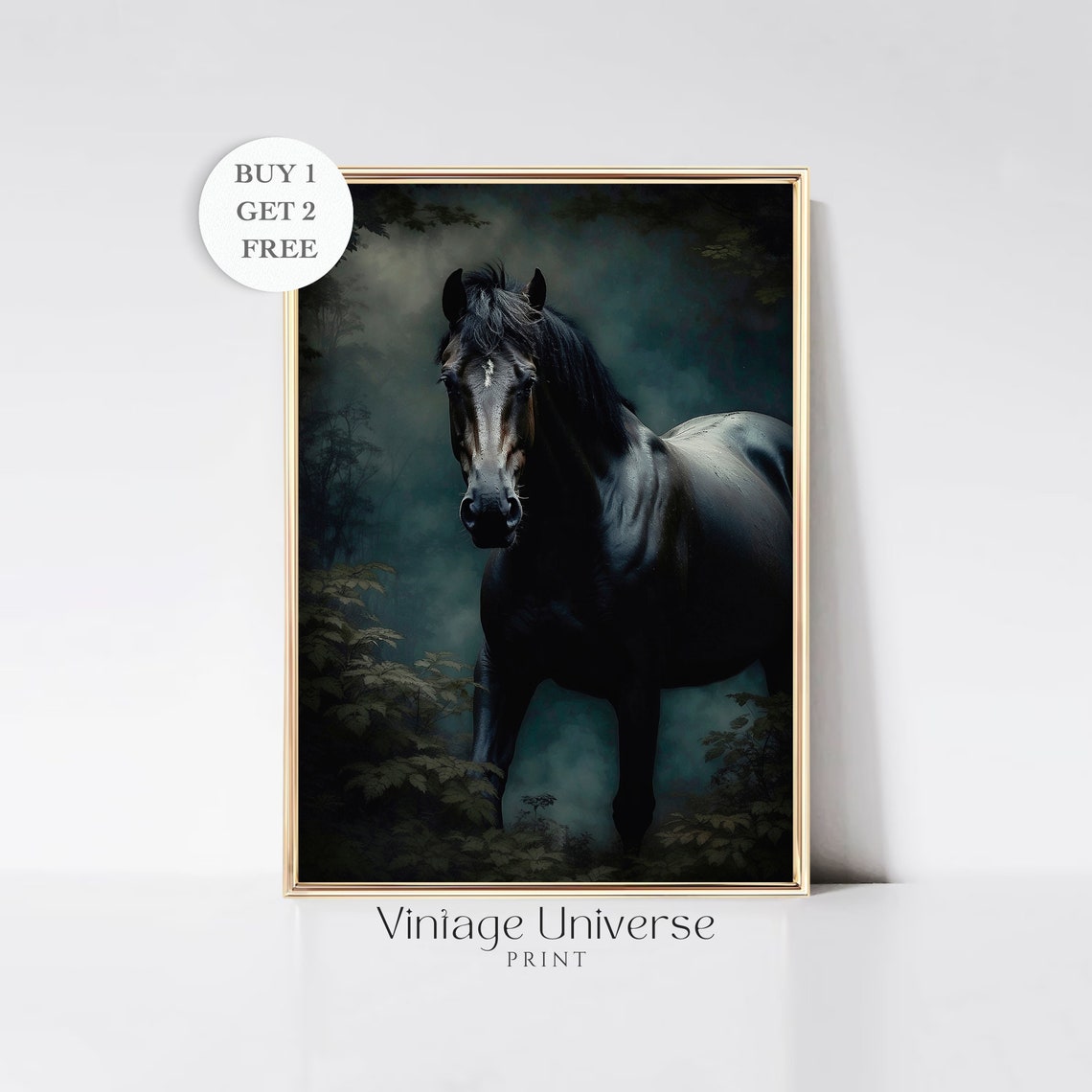 Antique Black Horse Wall Art Painting Dark Animal Print Dark Moody Rustic Landscape Vintage Farmhouse Artwork Oil Painting