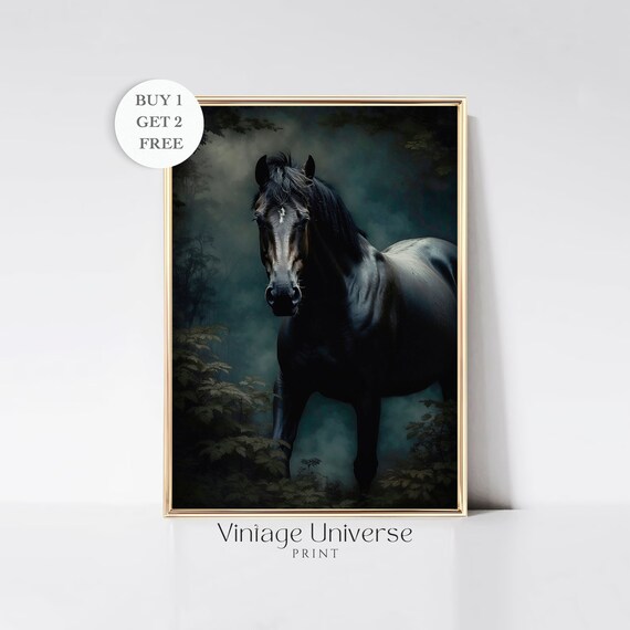Antique Black Horse Wall Art Painting Dark Animal Print Dark Moody Rustic Landscape Vintage Farmhouse Artwork Oil Painting