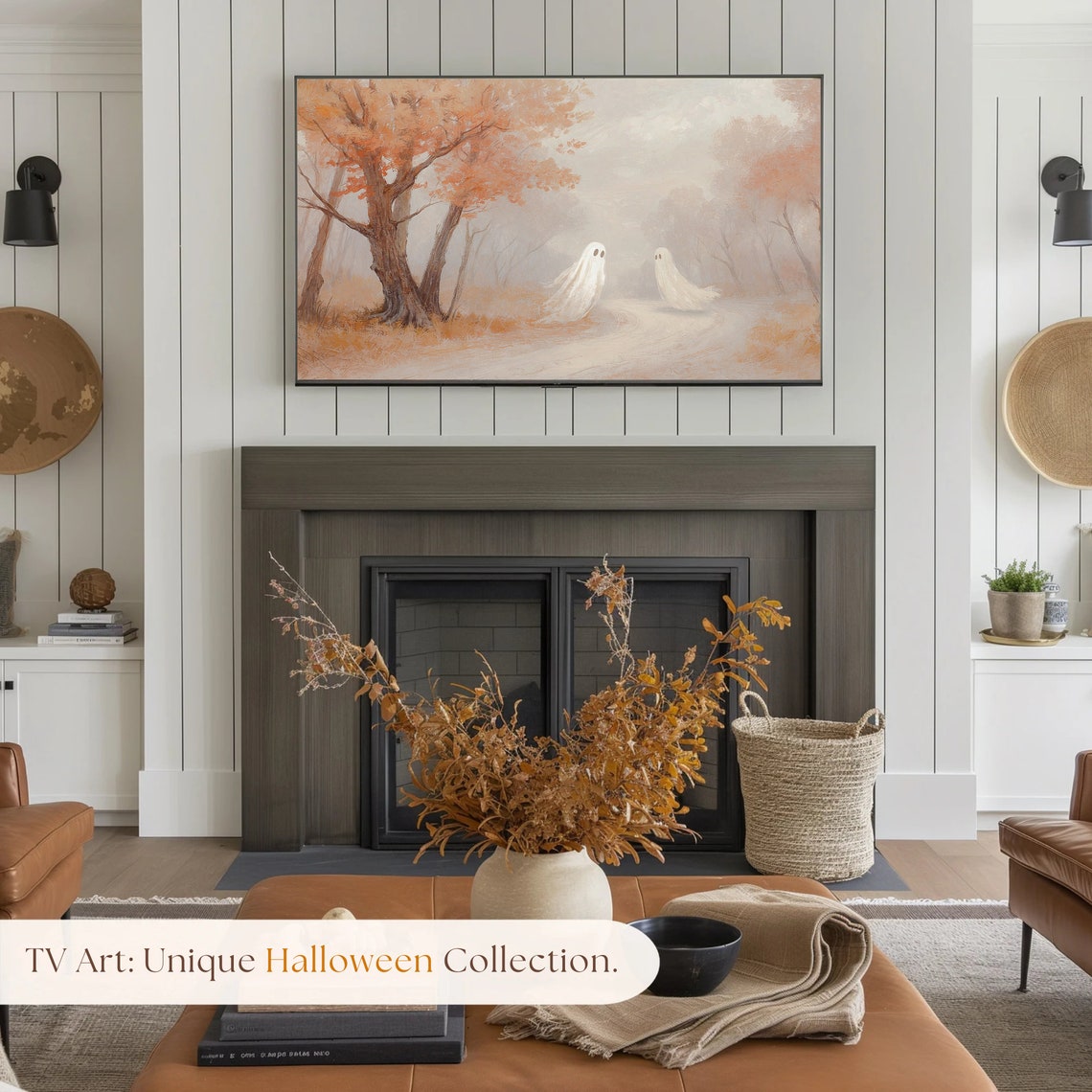Two Cute Ghosts In Foggy Autumn Forest Vintage Halloween Poster - Image 4