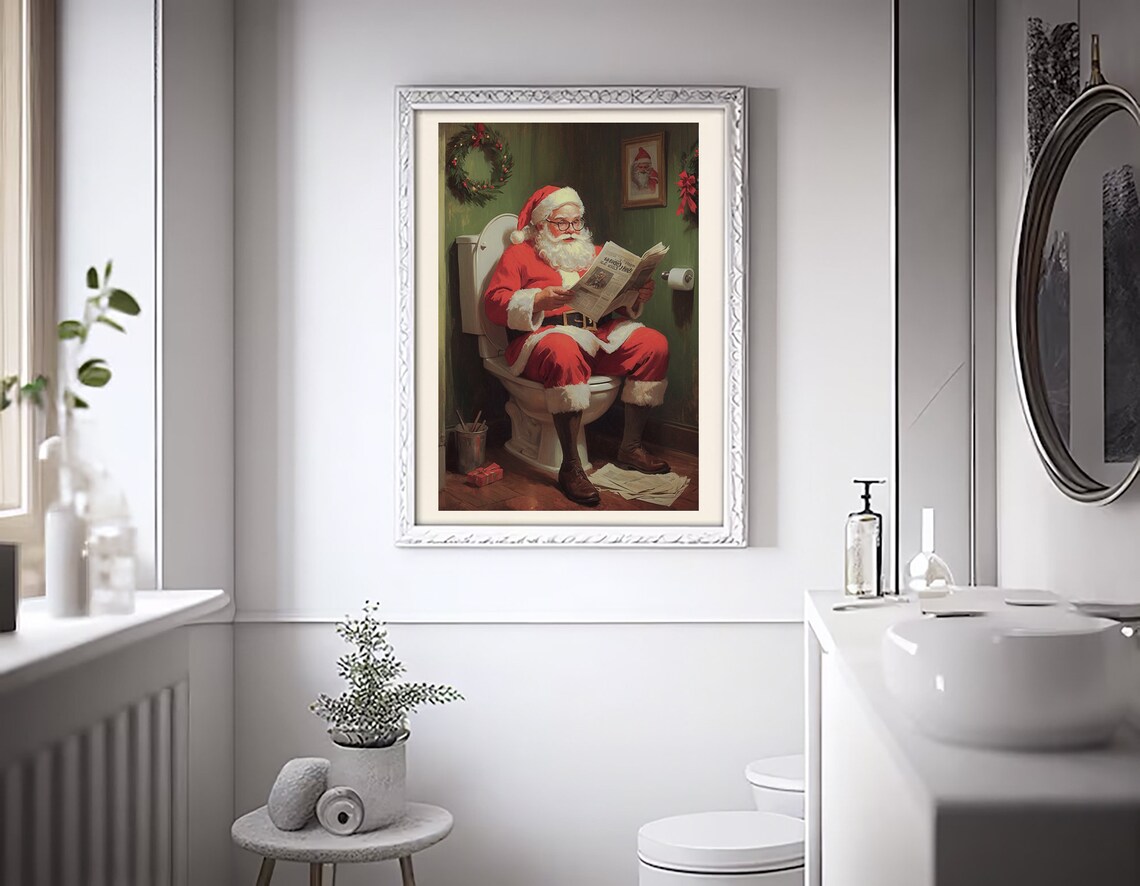 Santa Claus On Toilet Reading Newspaper Christmas Bathroom Art Poster - Image 5