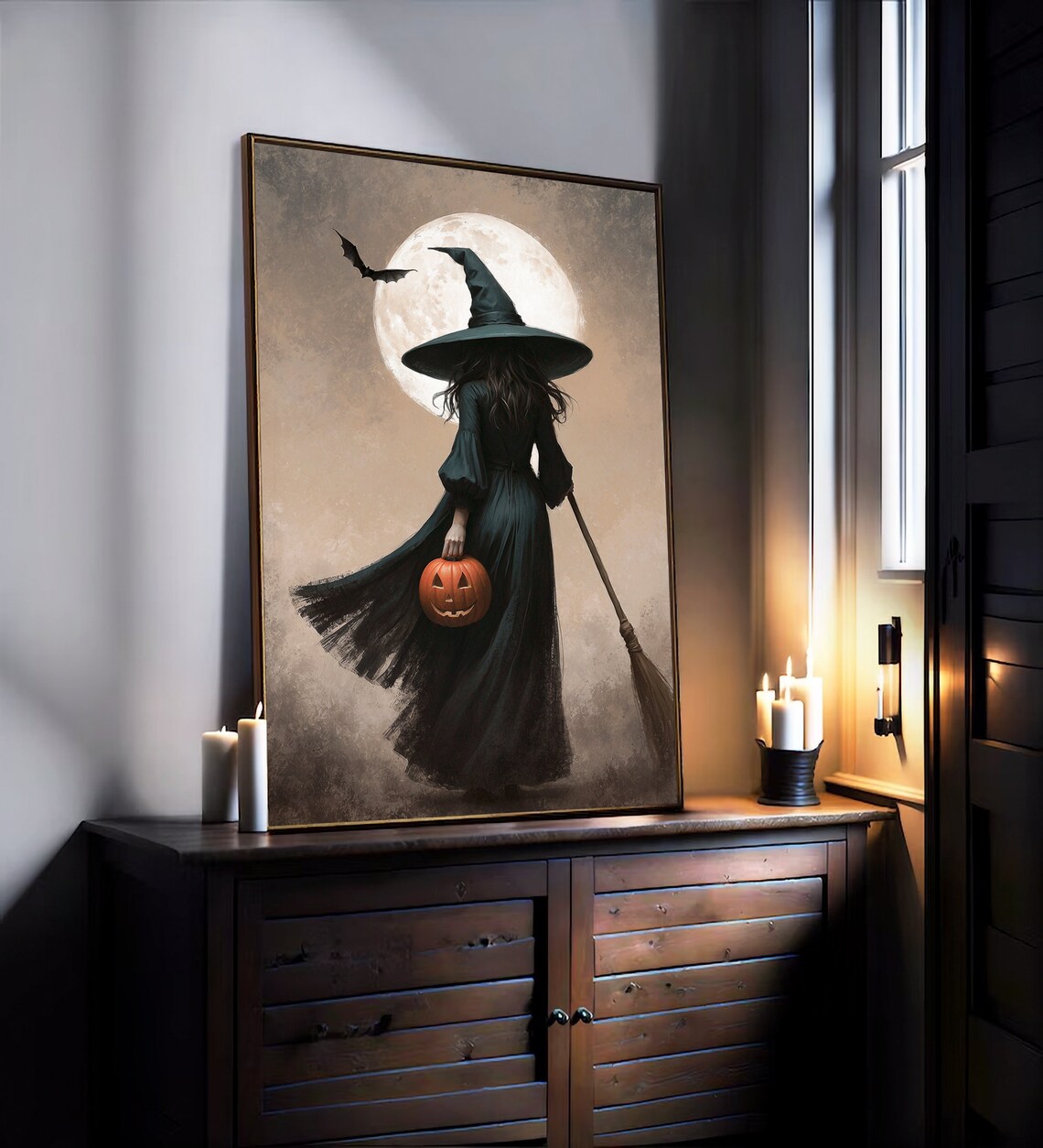 Witch With Broom And Jack O Lantern Before Full Moon Halloween Painting Poster - Image 2